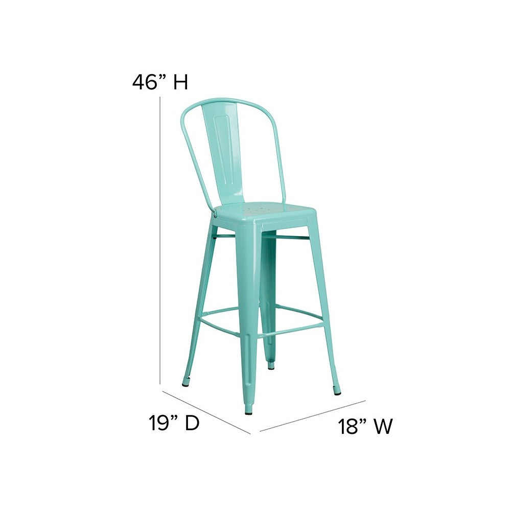 Commercial Grade 30" High Mint Green Metal Indoor-Outdoor Barstool with Back