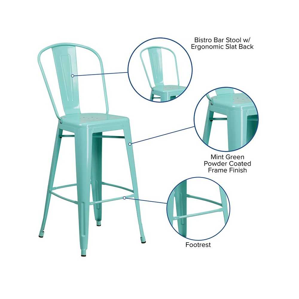 Commercial Grade 30" High Mint Green Metal Indoor-Outdoor Barstool with Back