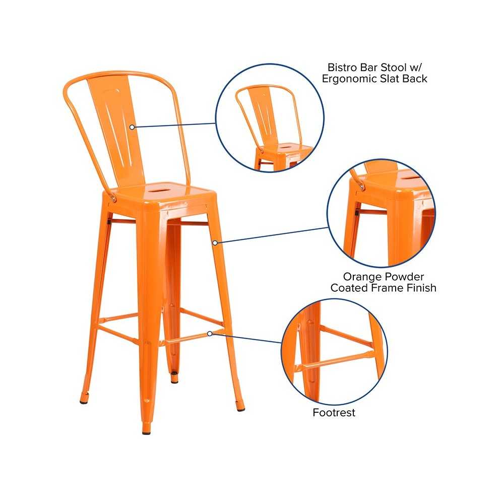 Commercial Grade 30" High Orange Metal Indoor-Outdoor Barstool with Removable Back