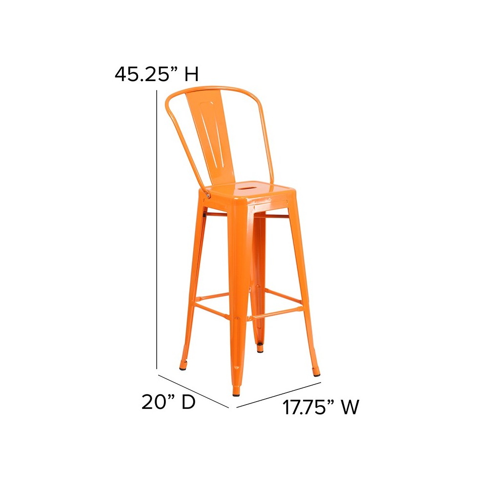 Commercial Grade 30" High Orange Metal Indoor-Outdoor Barstool with Removable Back