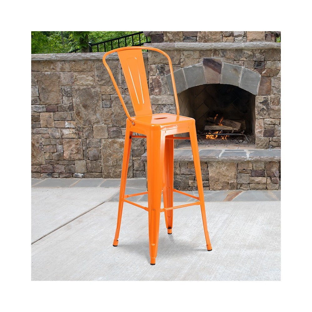 Commercial Grade 30" High Orange Metal Indoor-Outdoor Barstool with Removable Back