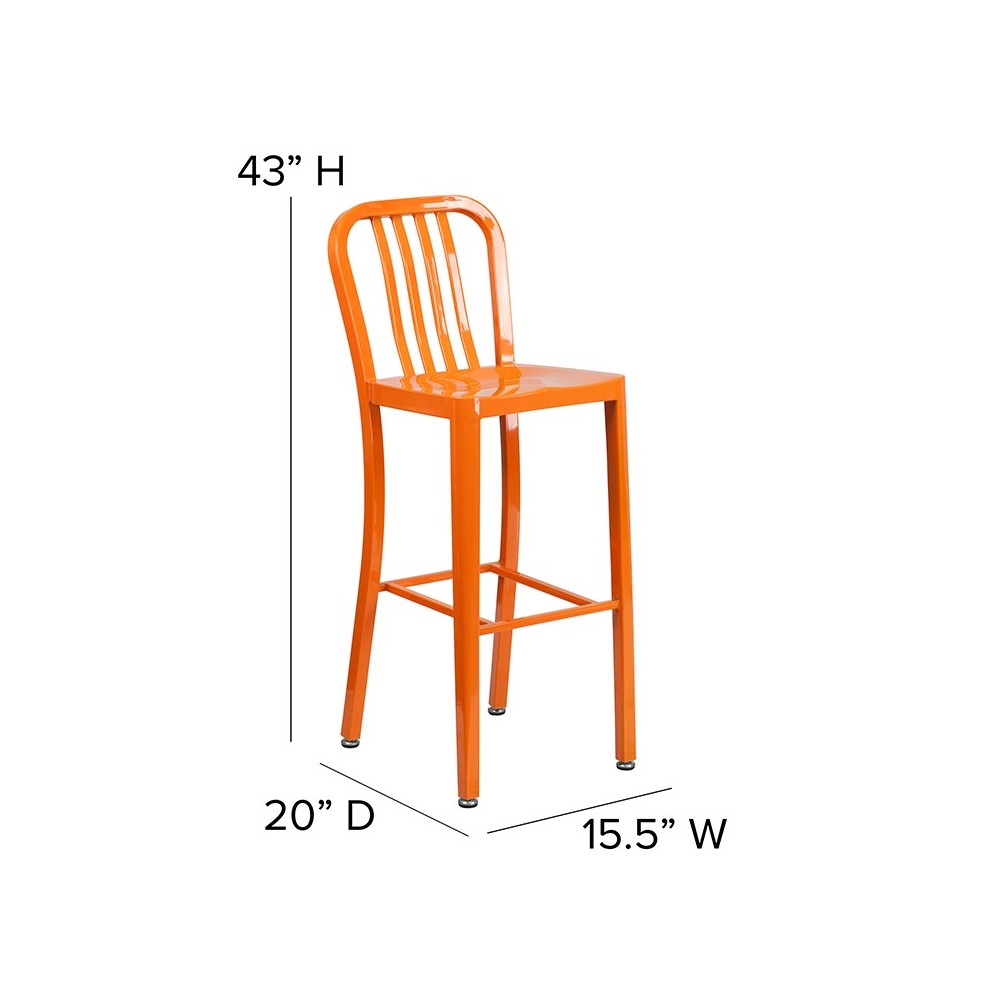 Commercial Grade 30" High Orange Metal Indoor-Outdoor Barstool with Vertical Slat Back