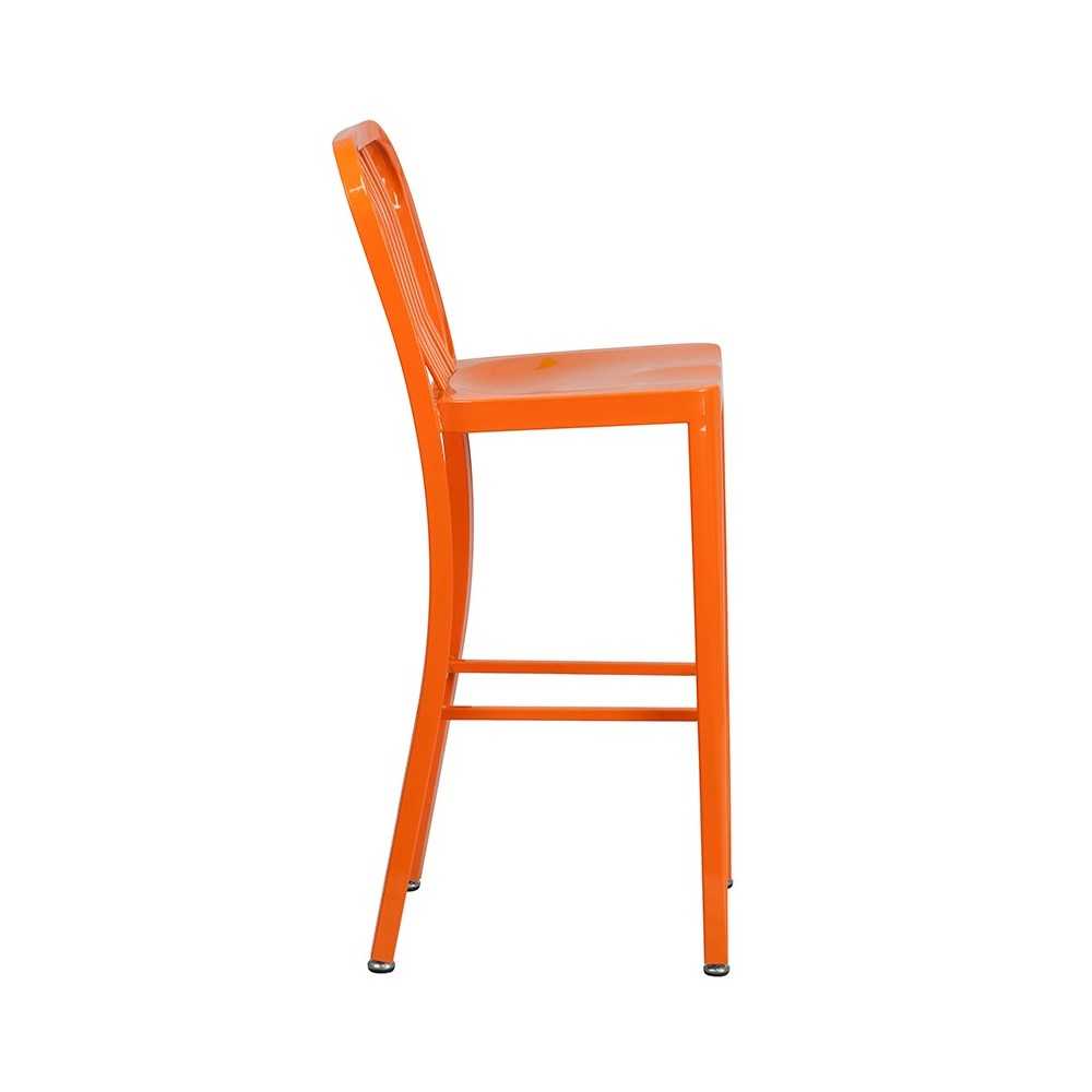 Commercial Grade 30" High Orange Metal Indoor-Outdoor Barstool with Vertical Slat Back