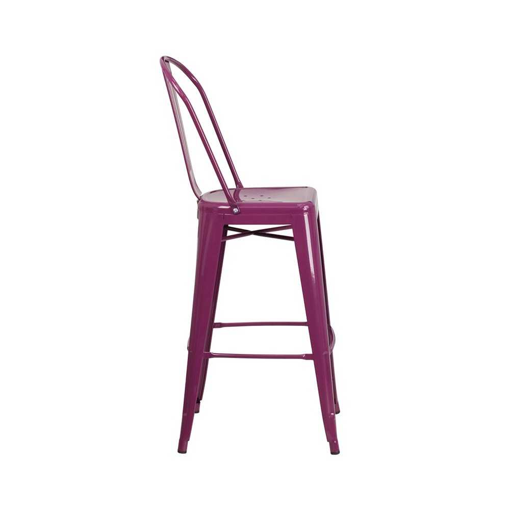 Commercial Grade 30" High Purple Metal Indoor-Outdoor Barstool with Back