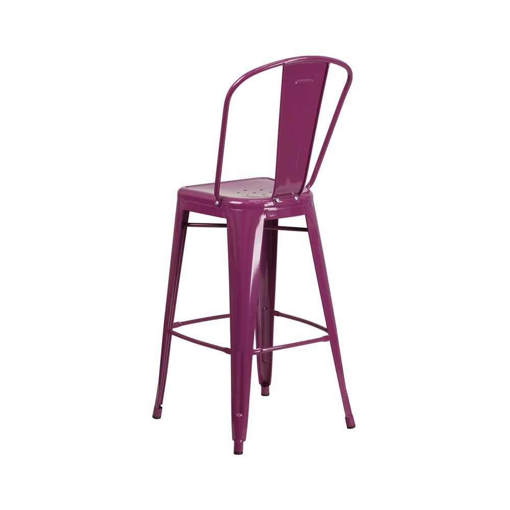 Commercial Grade 30" High Purple Metal Indoor-Outdoor Barstool with Back