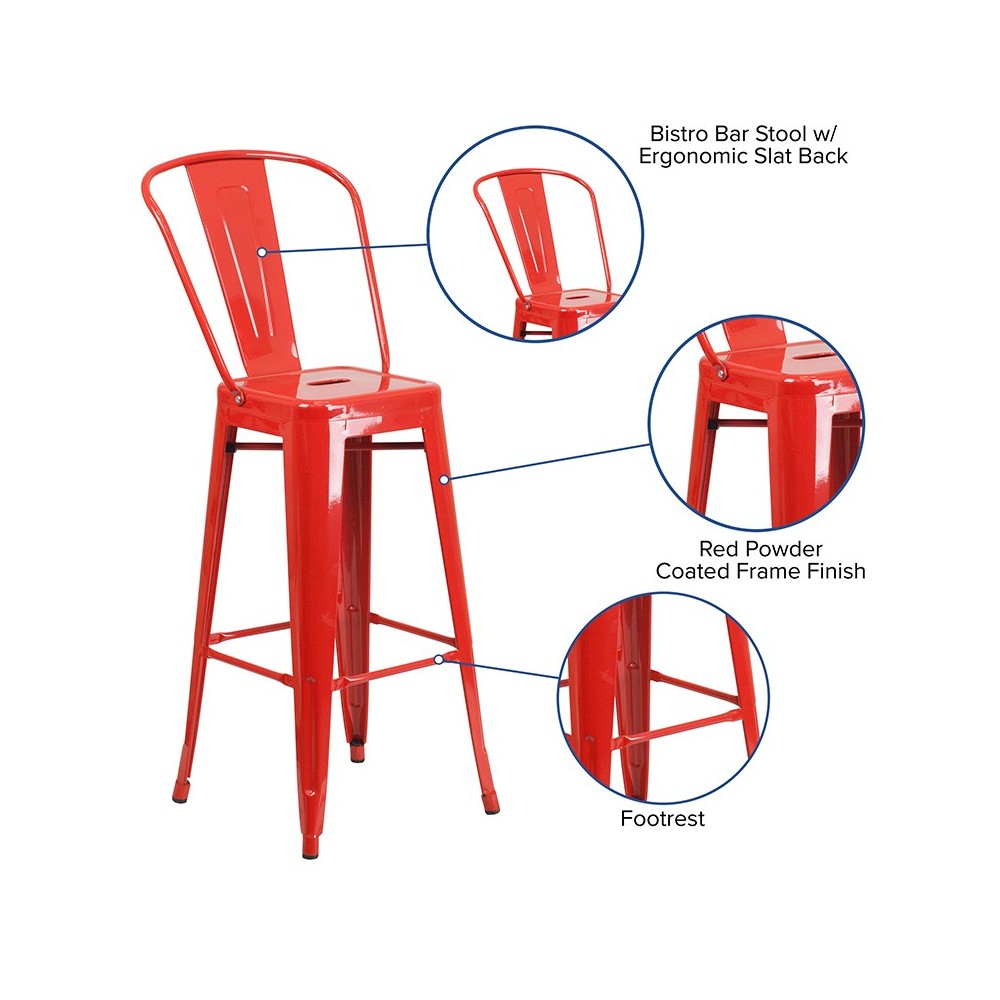 Commercial Grade 30" High Red Metal Indoor-Outdoor Barstool with Removable Back