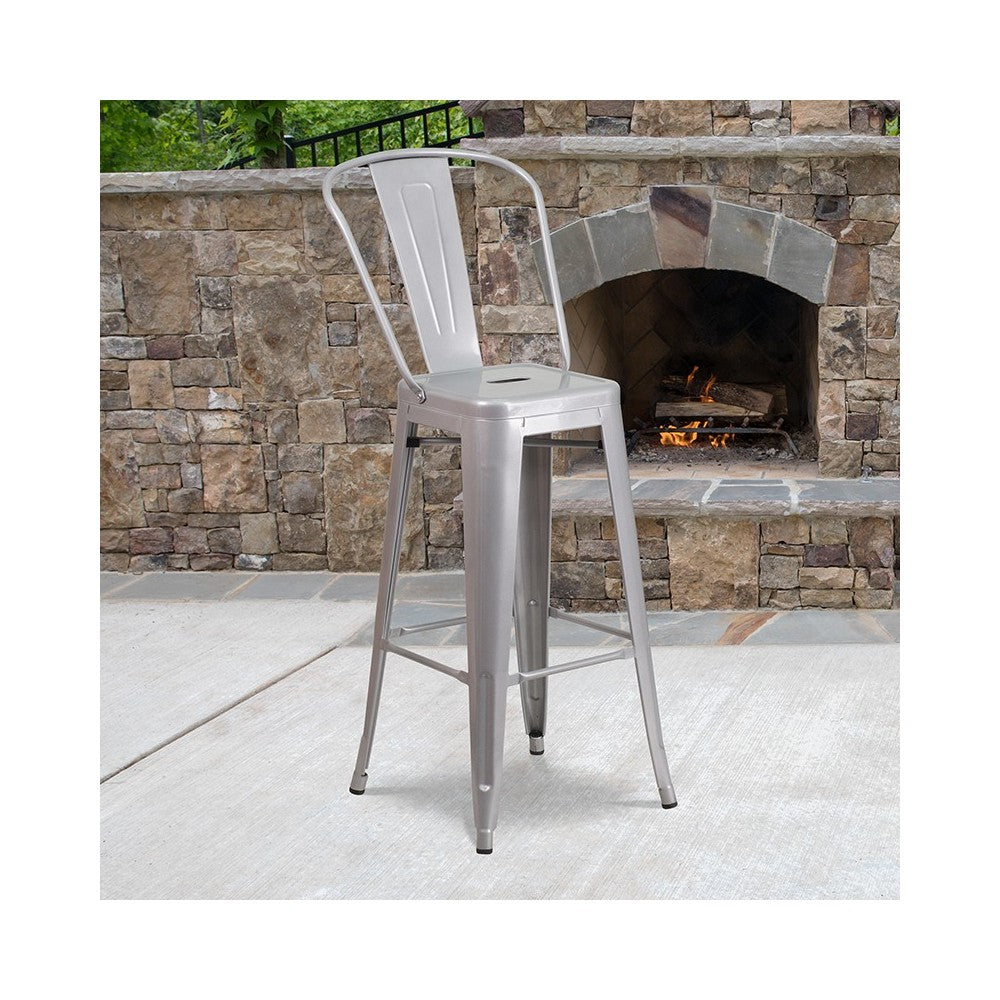 Commercial Grade 30" High Silver Metal Indoor-Outdoor Barstool with Removable Back