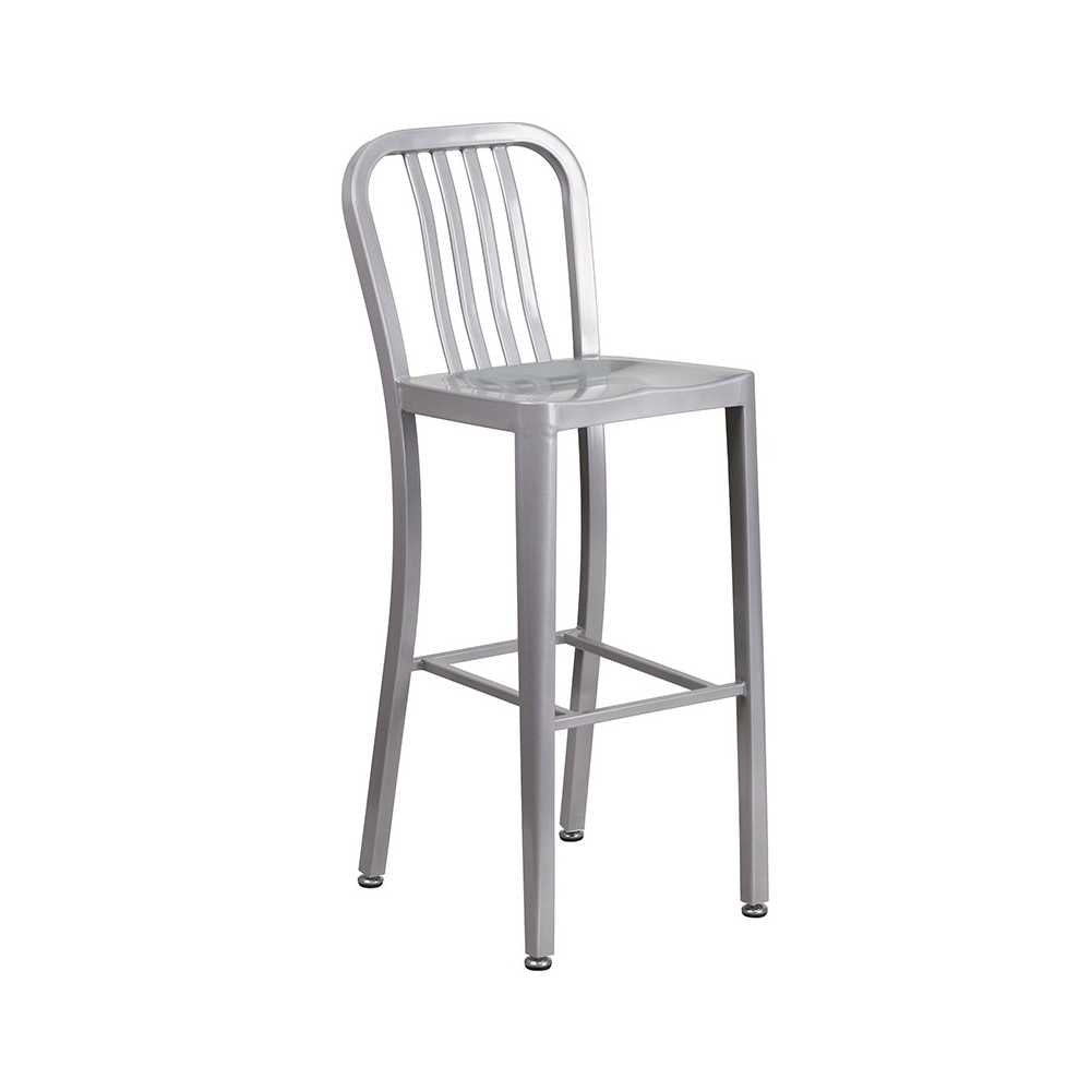 Commercial Grade 30" High Silver Metal Indoor-Outdoor Barstool with Vertical Slat Back