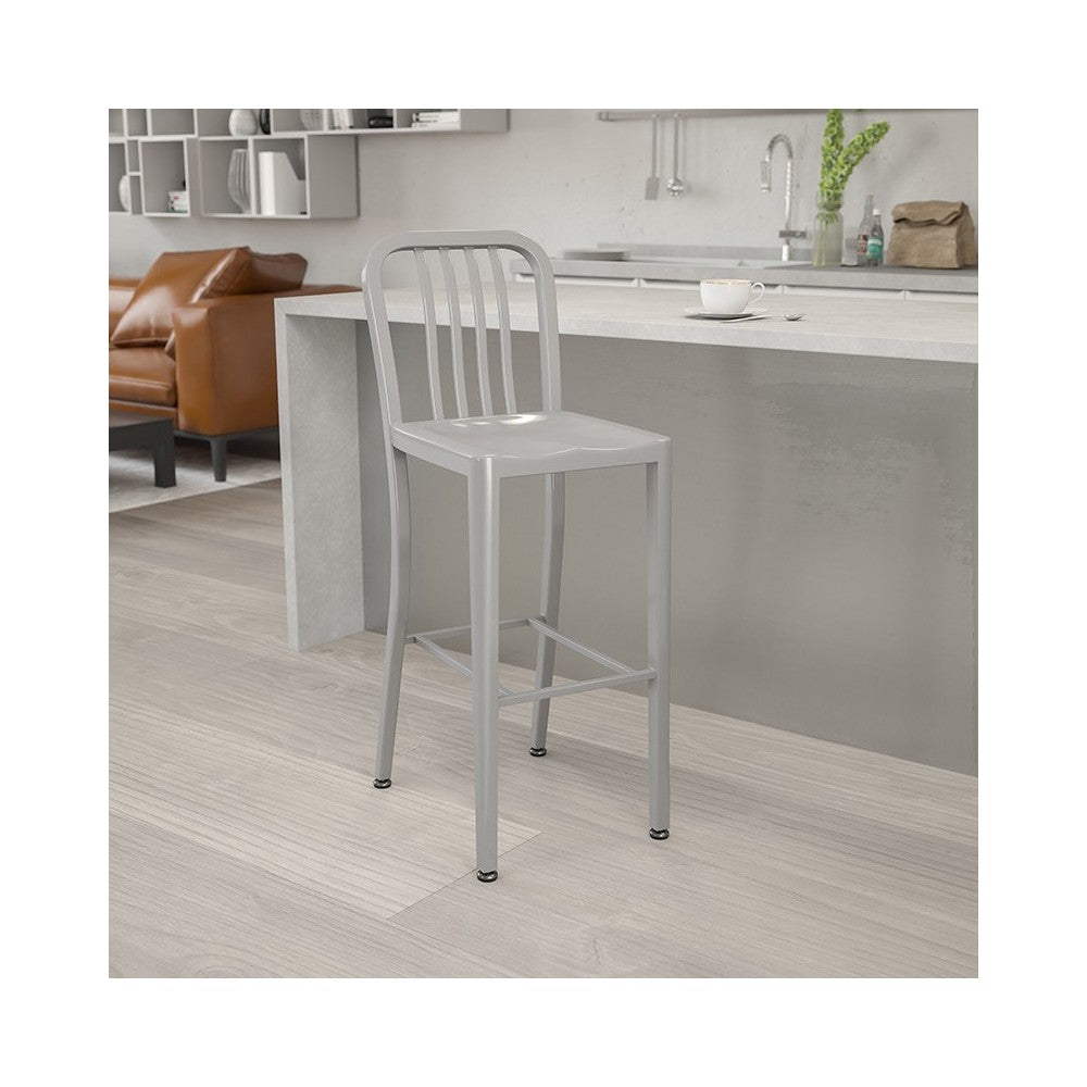 Commercial Grade 30" High Silver Metal Indoor-Outdoor Barstool with Vertical Slat Back
