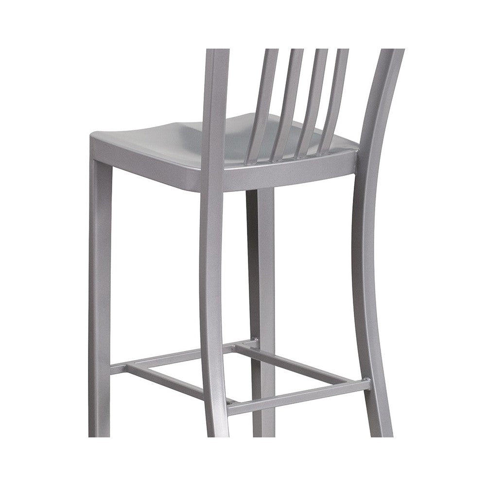 Commercial Grade 30" High Silver Metal Indoor-Outdoor Barstool with Vertical Slat Back