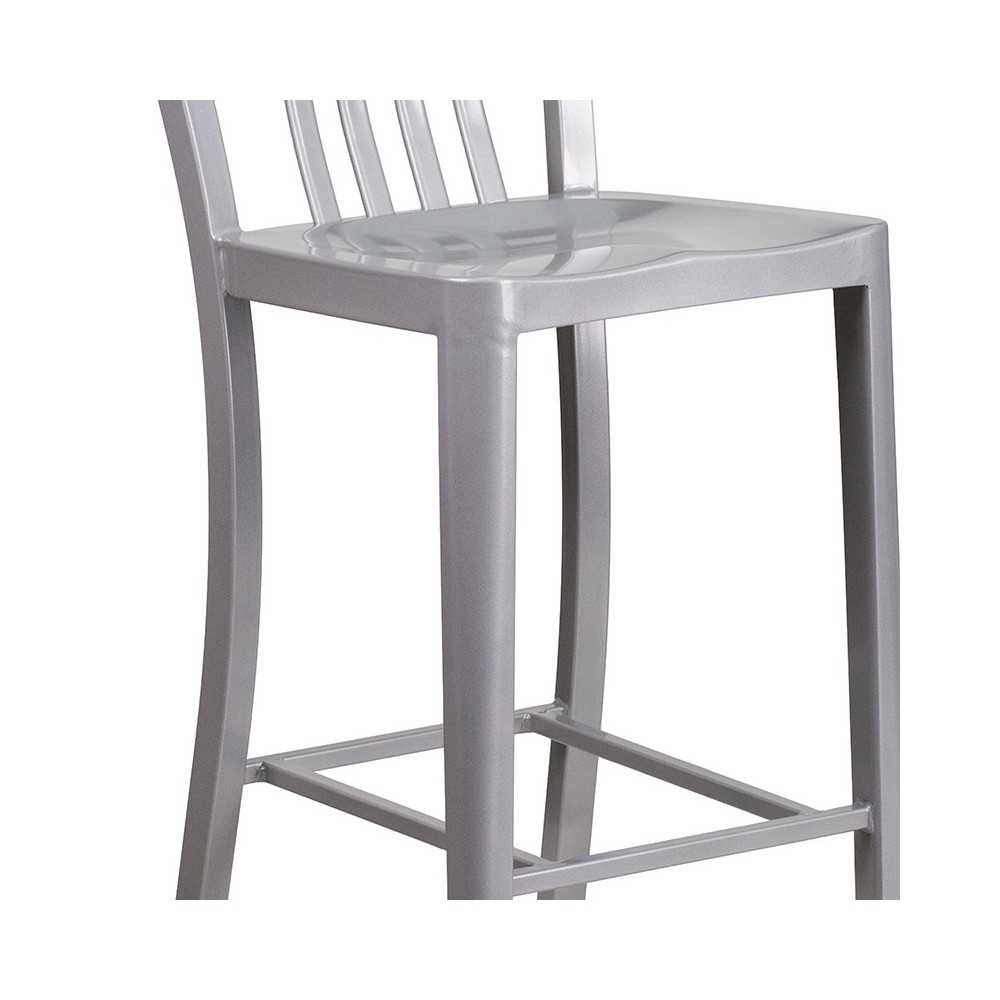 Commercial Grade 30" High Silver Metal Indoor-Outdoor Barstool with Vertical Slat Back