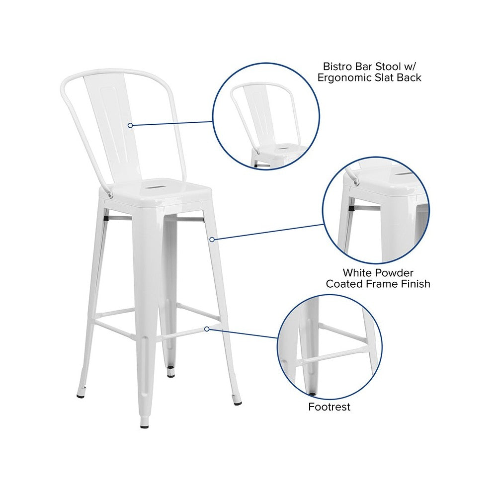 Commercial Grade 30" High White Metal Indoor-Outdoor Barstool with Removable Back