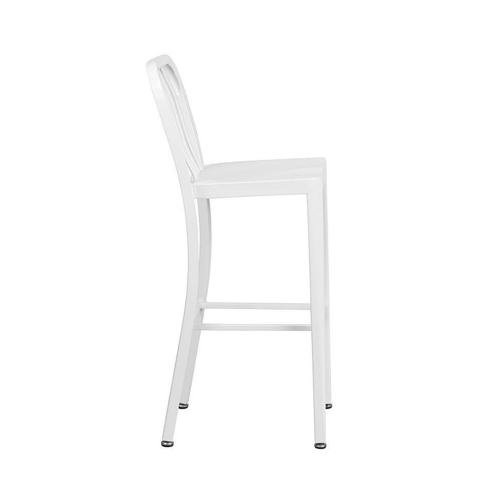 Commercial Grade 30" High White Metal Indoor-Outdoor Barstool with Vertical Slat Back