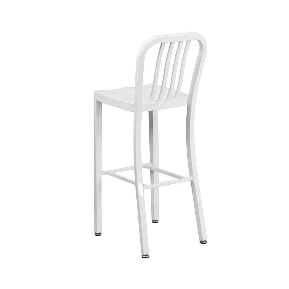 Commercial Grade 30" High White Metal Indoor-Outdoor Barstool with Vertical Slat Back