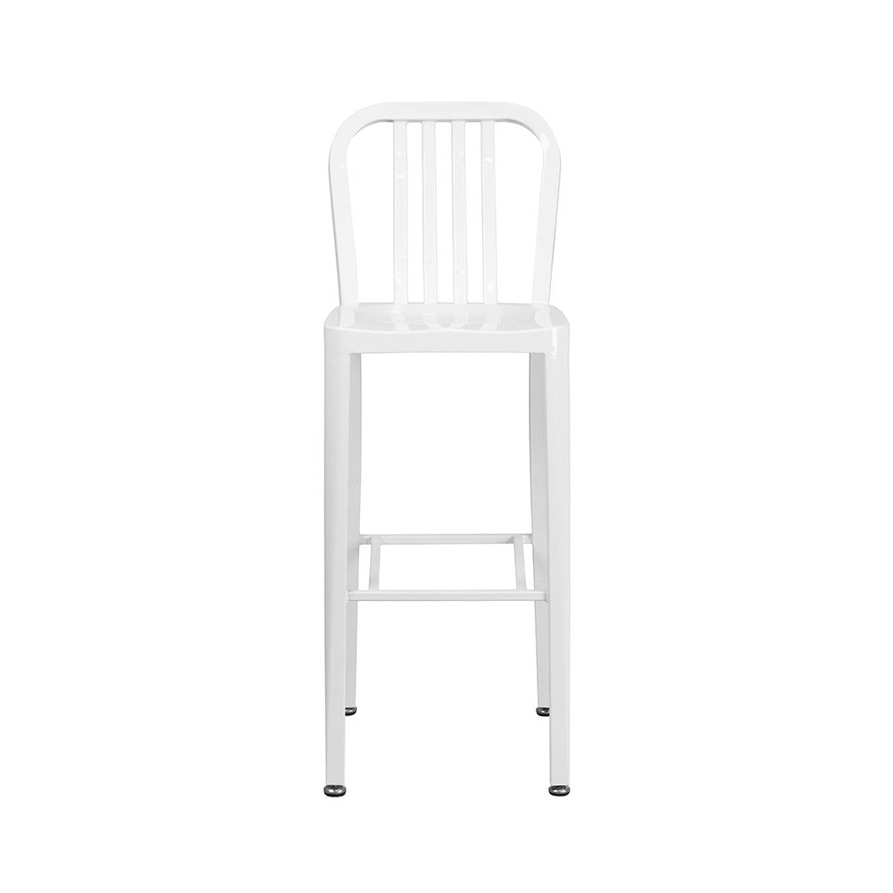 Commercial Grade 30" High White Metal Indoor-Outdoor Barstool with Vertical Slat Back