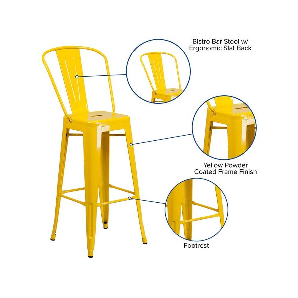 Commercial Grade 30" High Yellow Metal Indoor-Outdoor Barstool with Removable Back