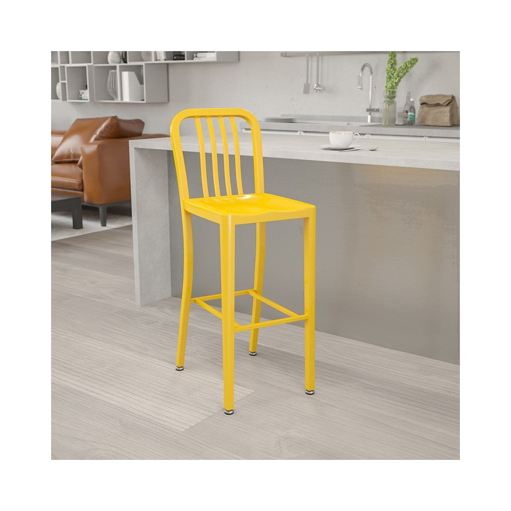 Commercial Grade 30" High Yellow Metal Indoor-Outdoor Barstool with Vertical Slat Back
