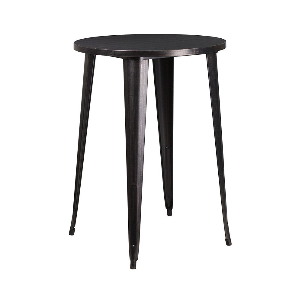 Commercial Grade 30" Round Black-Antique Gold Metal Indoor-Outdoor Bar Table Set with 2 Square Seat Backless Stools