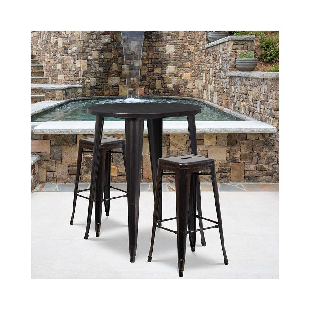 Commercial Grade 30" Round Black-Antique Gold Metal Indoor-Outdoor Bar Table Set with 2 Square Seat Backless Stools