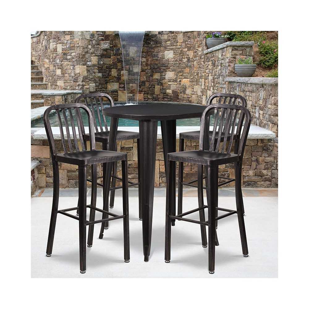 Commercial Grade 30" Round Black-Antique Gold Metal Indoor-Outdoor Bar Table Set with 4 Vertical Slat Back Stools