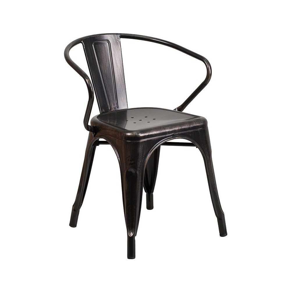 Commercial Grade 30" Round Black-Antique Gold Metal Indoor-Outdoor Table Set with 2 Arm Chairs