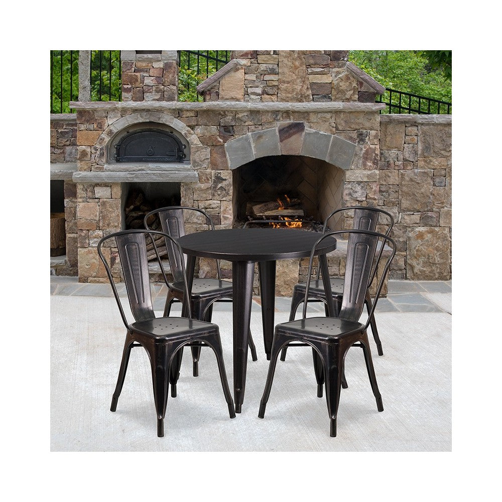 Commercial Grade 30" Round Black-Antique Gold Metal Indoor-Outdoor Table Set with 4 Cafe Chairs