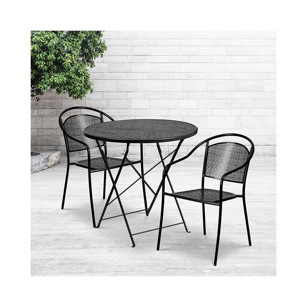Commercial Grade 30" Round Black Indoor-Outdoor Steel Folding Patio Table Set with 2 Round Back Chairs