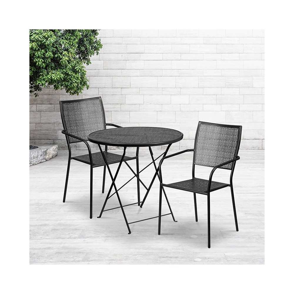 Commercial Grade 30" Round Black Indoor-Outdoor Steel Folding Patio Table Set with 2 Square Back Chairs