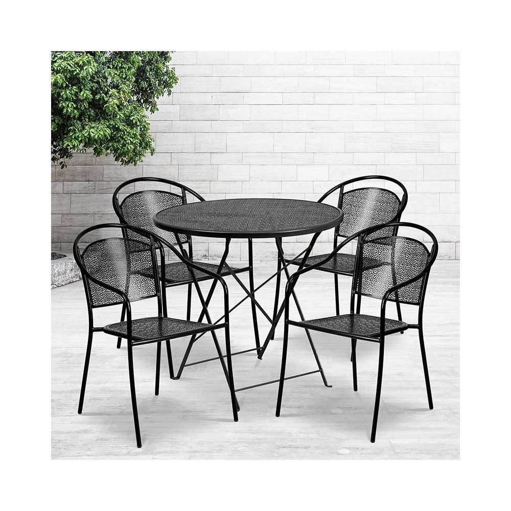 Commercial Grade 30" Round Black Indoor-Outdoor Steel Folding Patio Table Set with 4 Round Back Chairs