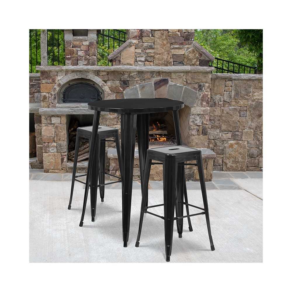 Commercial Grade 30" Round Black Metal Indoor-Outdoor Bar Table Set with 2 Square Seat Backless Stools