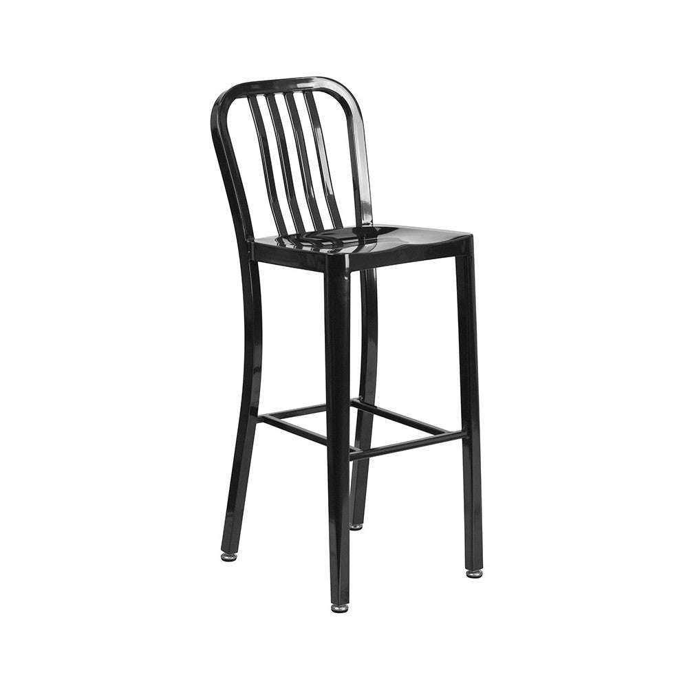 Commercial Grade 30" Round Black Metal Indoor-Outdoor Bar Table Set with 2 Vertical Slat Back Stools