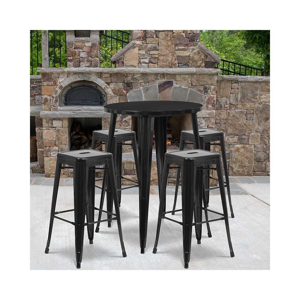 Commercial Grade 30" Round Black Metal Indoor-Outdoor Bar Table Set with 4 Square Seat Backless Stools