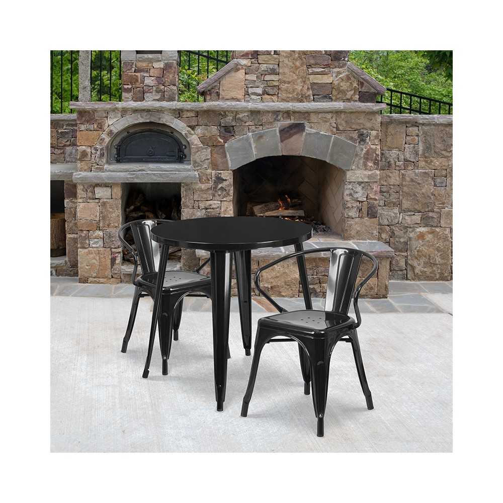Commercial Grade 30" Round Black Metal Indoor-Outdoor Table Set with 2 Arm Chairs