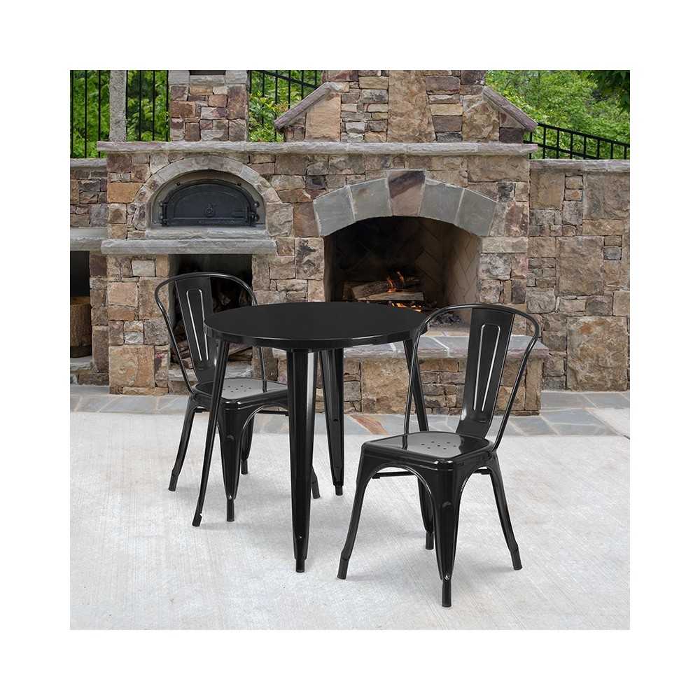 Commercial Grade 30" Round Black Metal Indoor-Outdoor Table Set with 2 Cafe Chairs