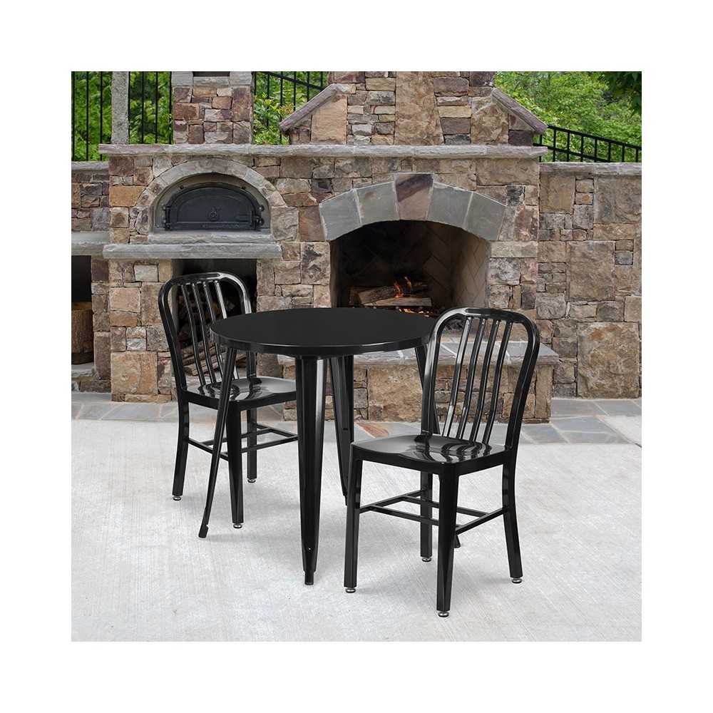 Commercial Grade 30" Round Black Metal Indoor-Outdoor Table Set with 2 Vertical Slat Back Chairs