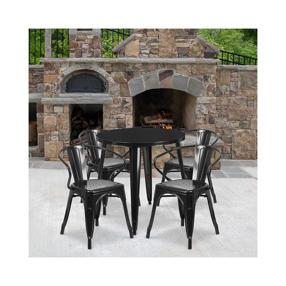 Commercial Grade 30" Round Black Metal Indoor-Outdoor Table Set with 4 Arm Chairs