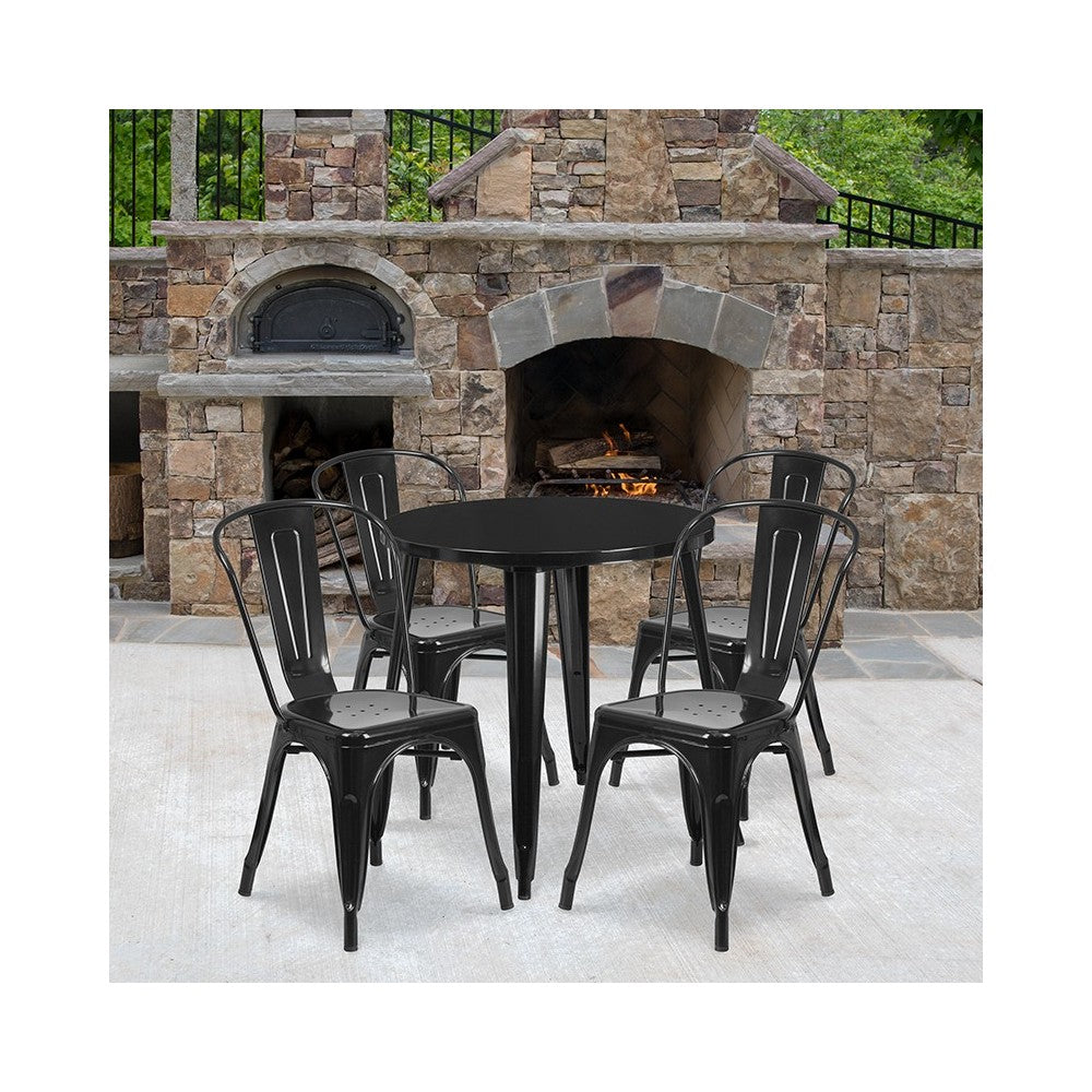 Commercial Grade 30" Round Black Metal Indoor-Outdoor Table Set with 4 Cafe Chairs