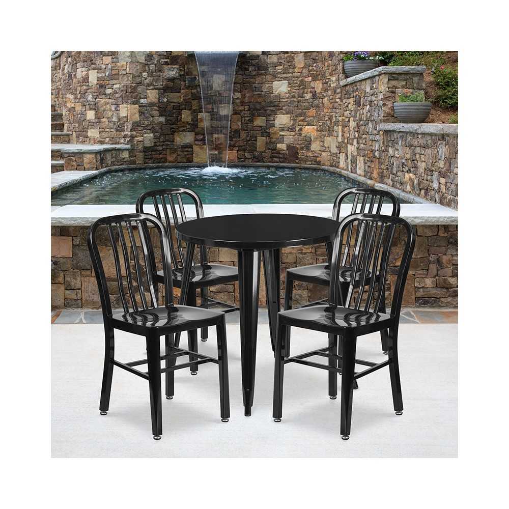 Commercial Grade 30" Round Black Metal Indoor-Outdoor Table Set with 4 Vertical Slat Back Chairs