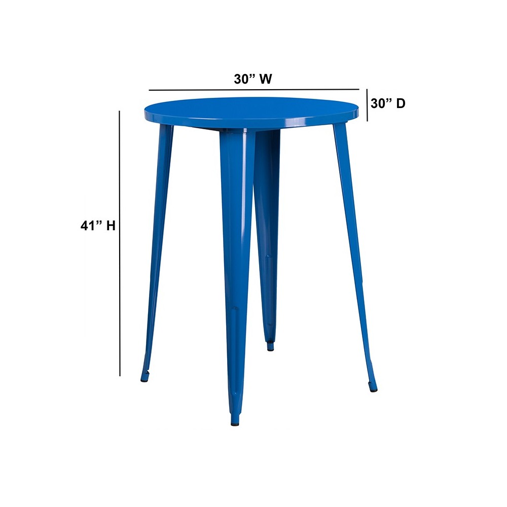 Commercial Grade 30" Round Blue Metal Indoor-Outdoor Bar Height Table