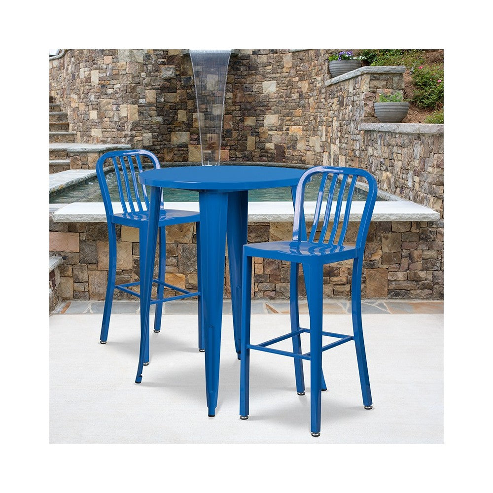 Commercial Grade 30" Round Blue Metal Indoor-Outdoor Bar Table Set with 2 Vertical Slat Back Stools