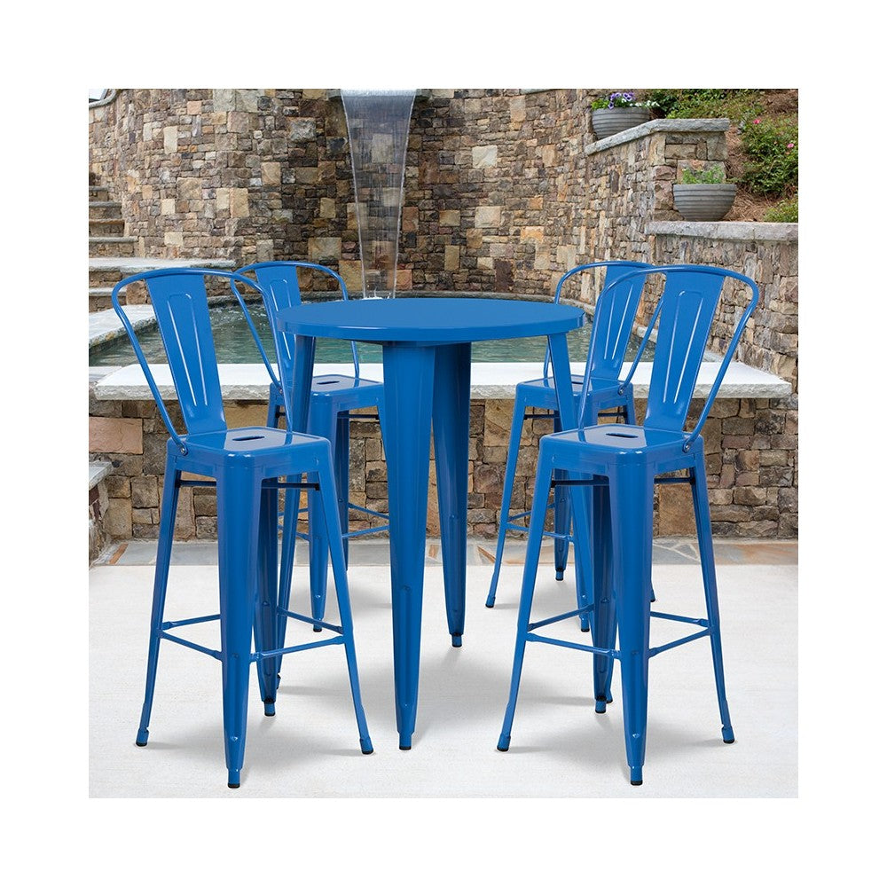 Commercial Grade 30" Round Blue Metal Indoor-Outdoor Bar Table Set with 4 Cafe Stools