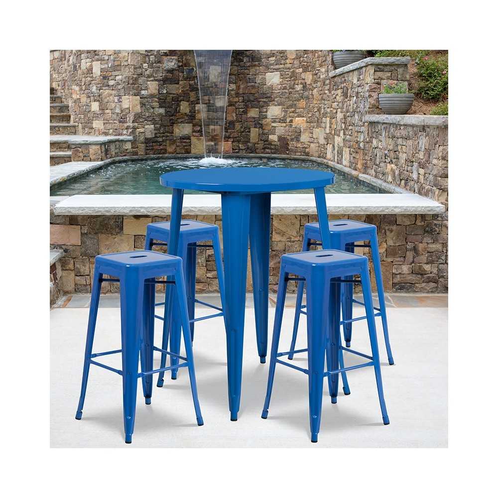 Commercial Grade 30" Round Blue Metal Indoor-Outdoor Bar Table Set with 4 Square Seat Backless Stools