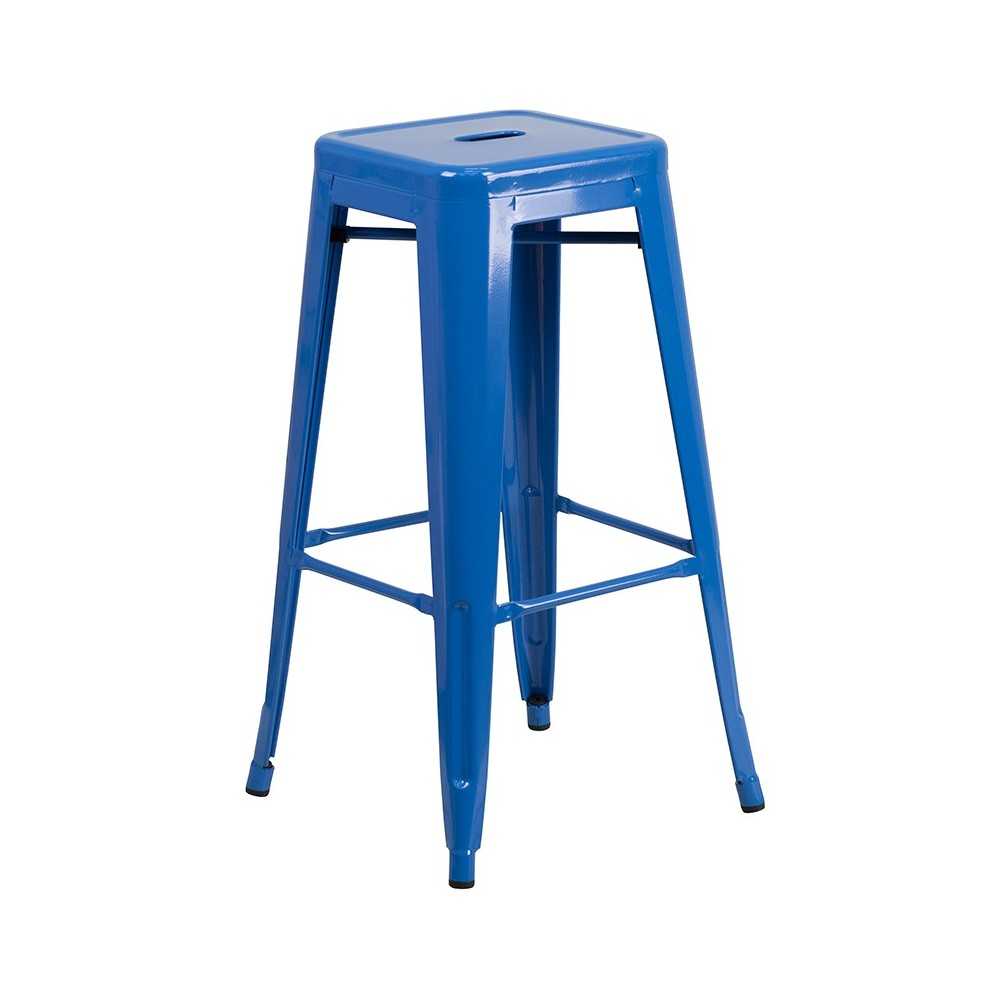 Commercial Grade 30" Round Blue Metal Indoor-Outdoor Bar Table Set with 4 Square Seat Backless Stools