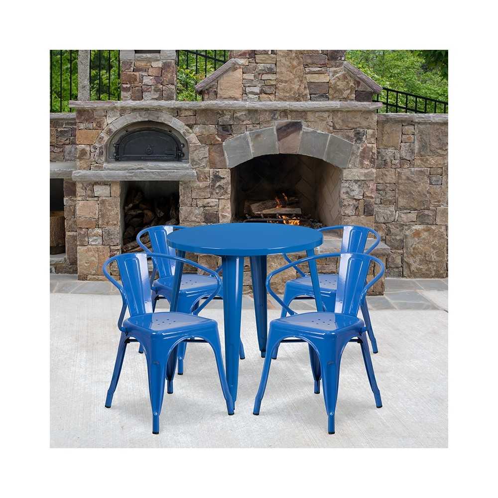 Commercial Grade 30" Round Blue Metal Indoor-Outdoor Table Set with 4 Arm Chairs