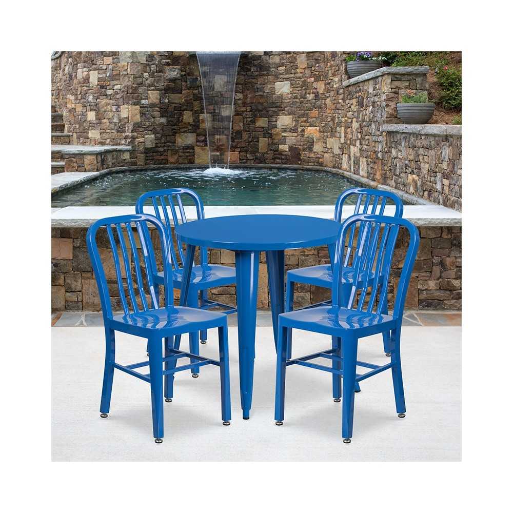 Commercial Grade 30" Round Blue Metal Indoor-Outdoor Table Set with 4 Vertical Slat Back Chairs