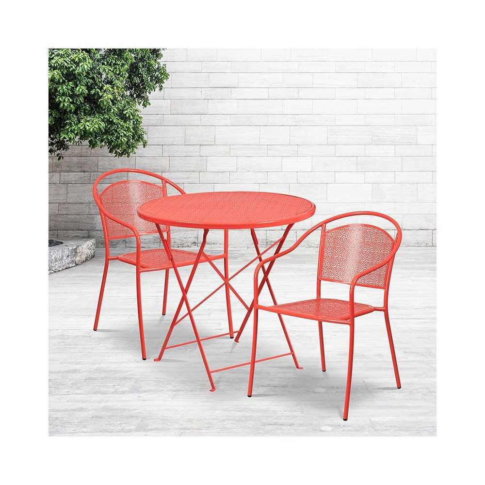 Commercial Grade 30" Round Coral Indoor-Outdoor Steel Folding Patio Table Set with 2 Round Back Chairs