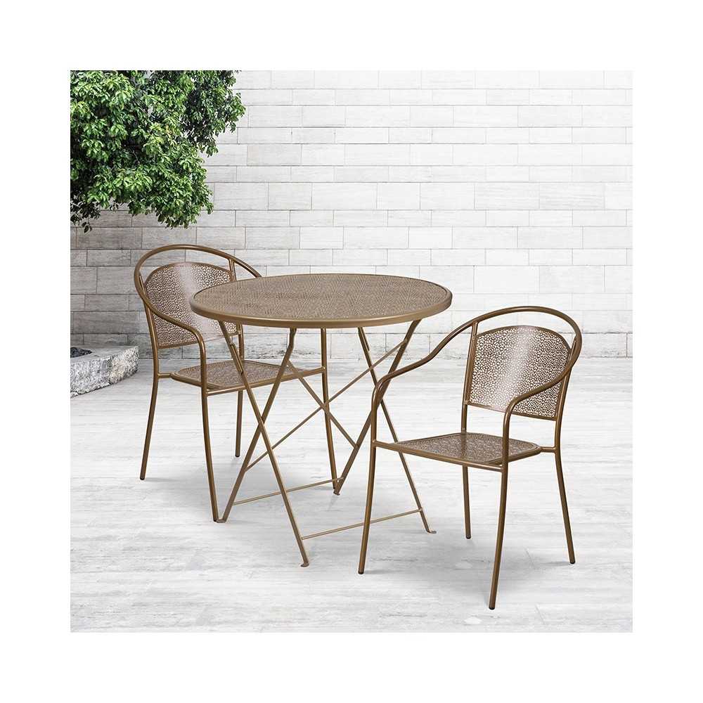 Commercial Grade 30" Round Gold Indoor-Outdoor Steel Folding Patio Table Set with 2 Round Back Chairs