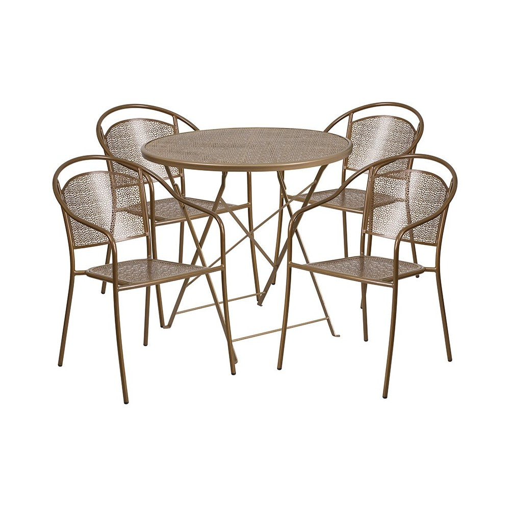 Commercial Grade 30" Round Gold Indoor-Outdoor Steel Folding Patio Table Set with 4 Round Back Chairs