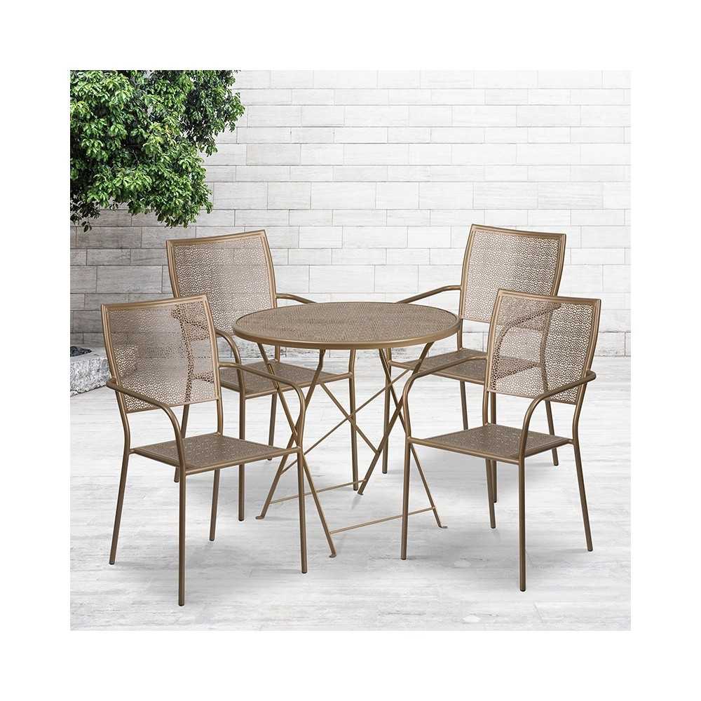 Commercial Grade 30" Round Gold Indoor-Outdoor Steel Folding Patio Table Set with 4 Square Back Chairs