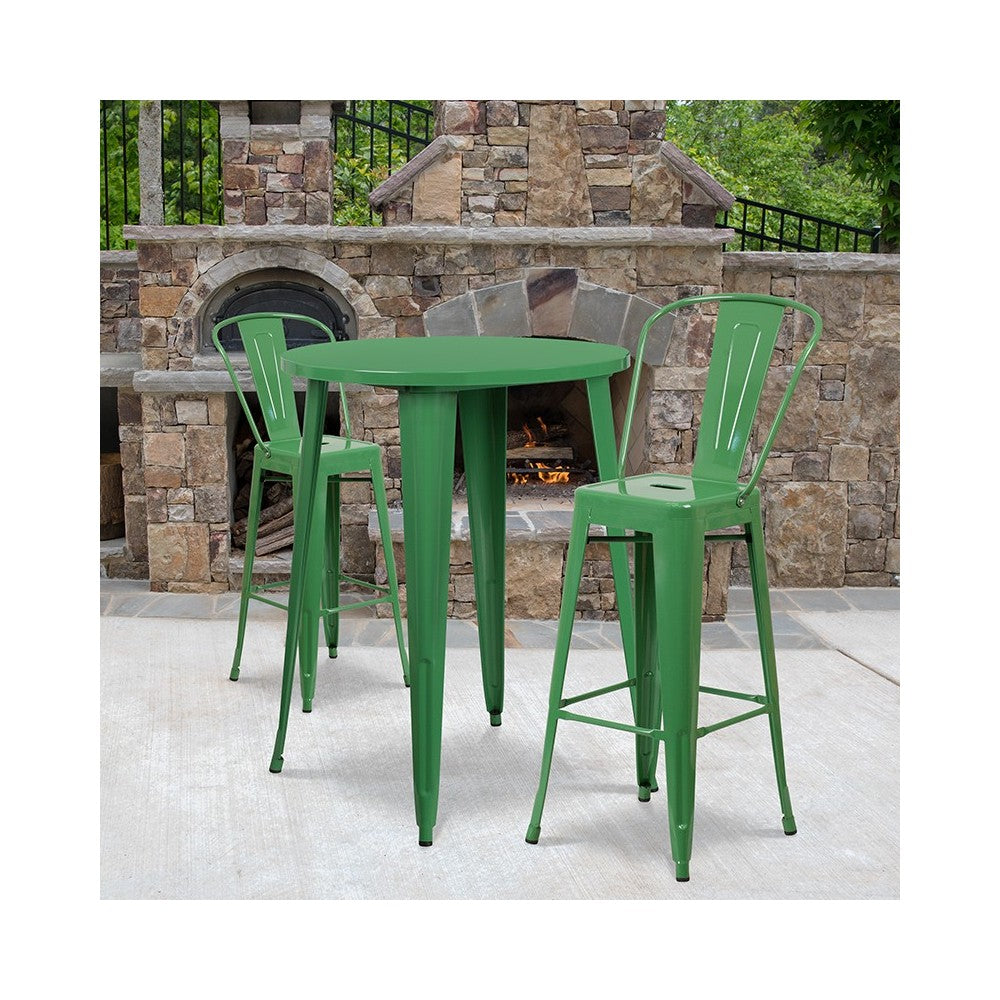 Commercial Grade 30" Round Green Metal Indoor-Outdoor Bar Table Set with 2 Cafe Stools